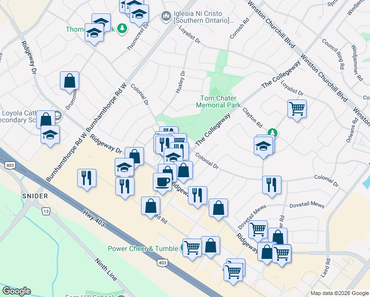 map of restaurants, bars, coffee shops, grocery stores, and more near 3538 Colonial Drive in Mississauga