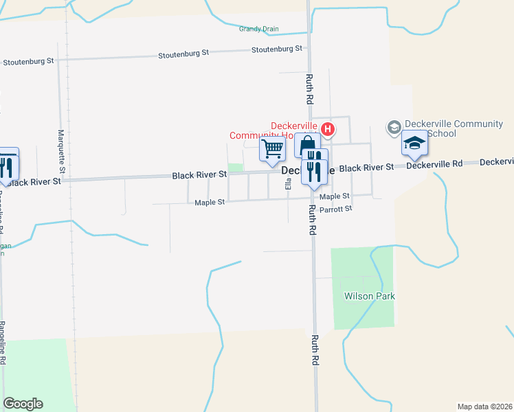 map of restaurants, bars, coffee shops, grocery stores, and more near 3482 Quince in Deckerville