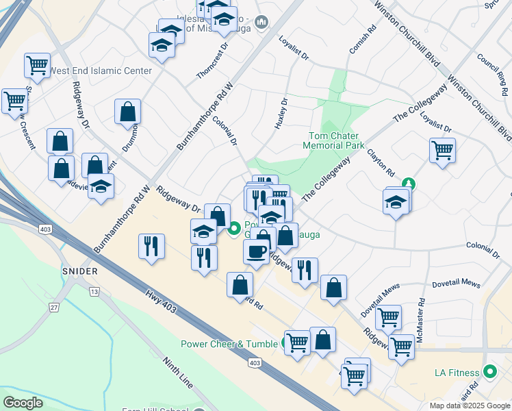map of restaurants, bars, coffee shops, grocery stores, and more near 3570 Colonial Drive in Mississauga