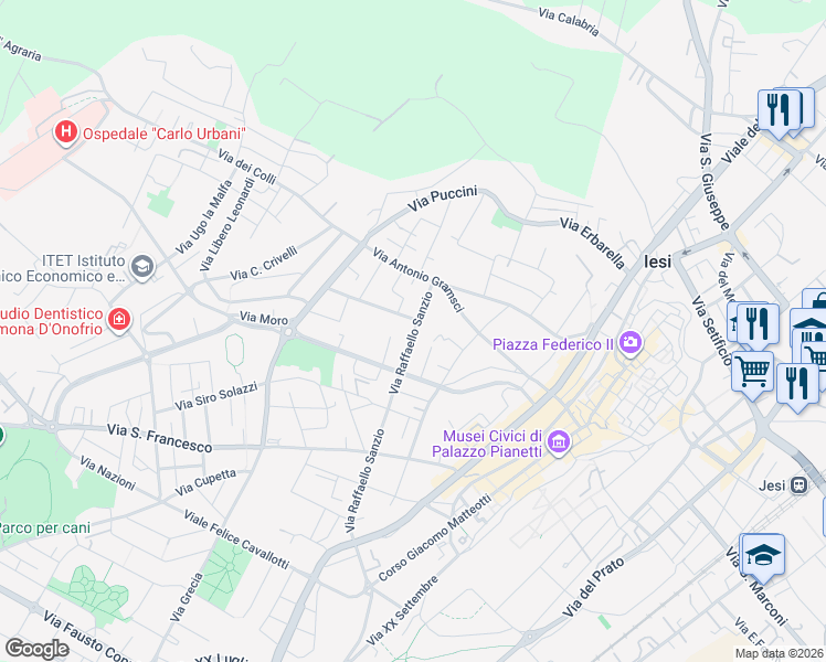 map of restaurants, bars, coffee shops, grocery stores, and more near 73 Via Raffaello Sanzio in Jesi