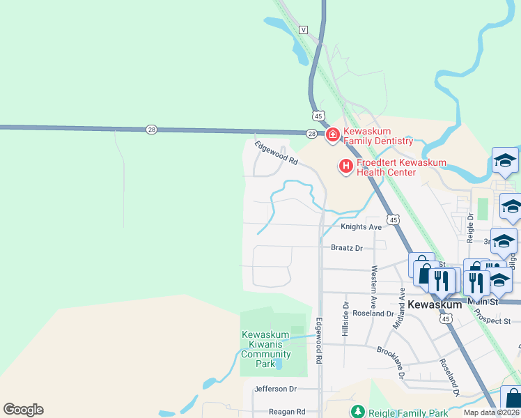 map of restaurants, bars, coffee shops, grocery stores, and more near 490 Evergreen Terrace in Kewaskum