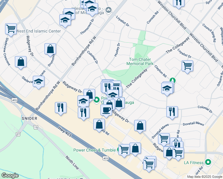 map of restaurants, bars, coffee shops, grocery stores, and more near in Mississauga