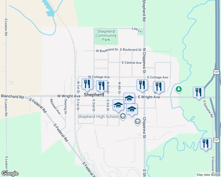 map of restaurants, bars, coffee shops, grocery stores, and more near 200-298 West Orchard Avenue in Shepherd