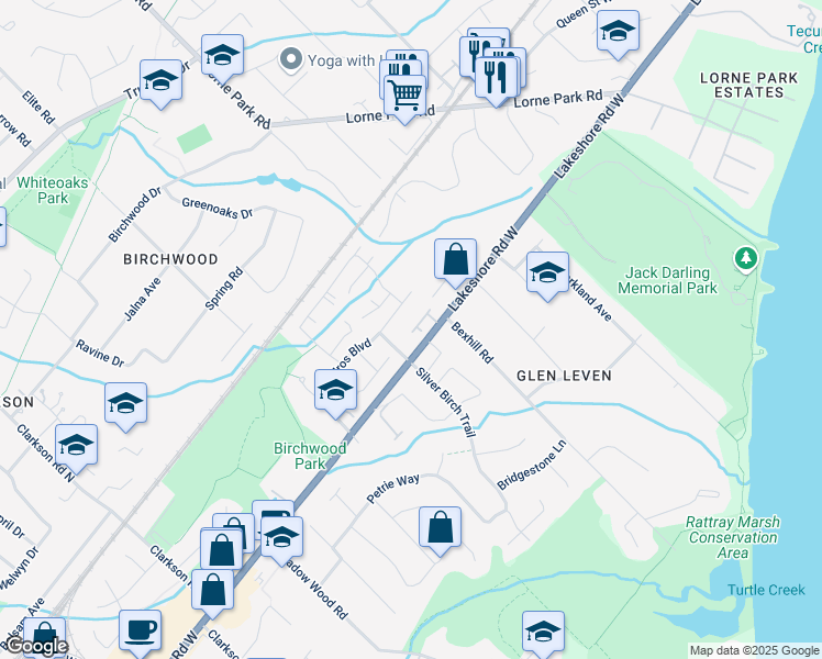 map of restaurants, bars, coffee shops, grocery stores, and more near 1385 Lakeshore Road West in Mississauga