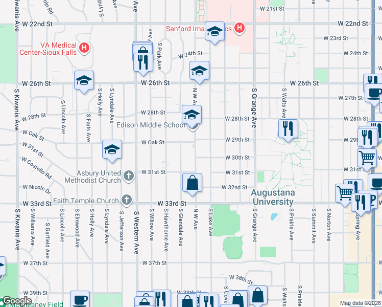 map of restaurants, bars, coffee shops, grocery stores, and more near 2209 South West Avenue in Sioux Falls