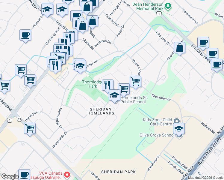 map of restaurants, bars, coffee shops, grocery stores, and more near 2485 Woking Crescent in Mississauga
