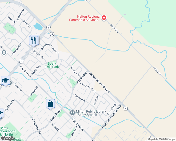 map of restaurants, bars, coffee shops, grocery stores, and more near James Snow Parkway South in Milton