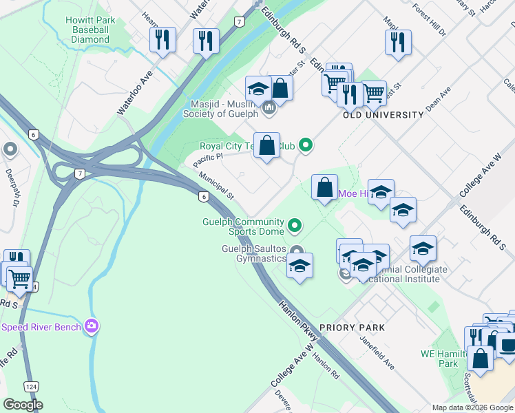 map of restaurants, bars, coffee shops, grocery stores, and more near 33 Celia Crescent in Guelph