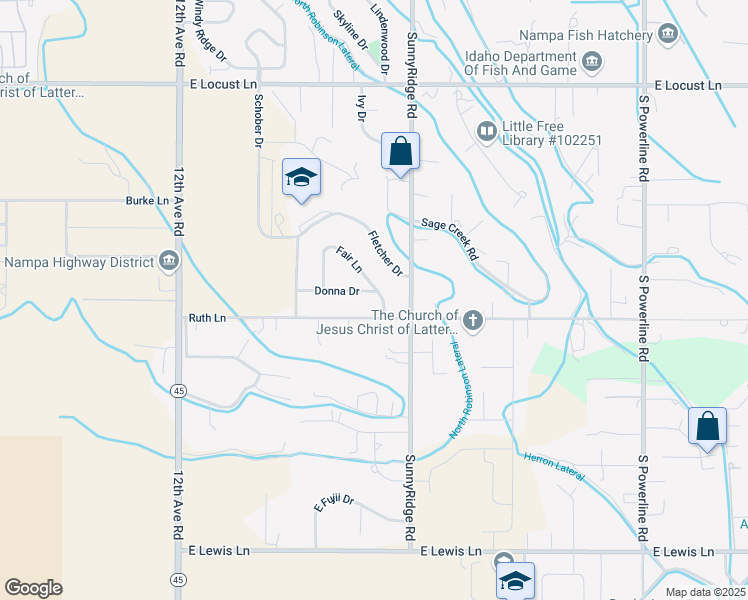 map of restaurants, bars, coffee shops, grocery stores, and more near 705 Fair Lane in Nampa
