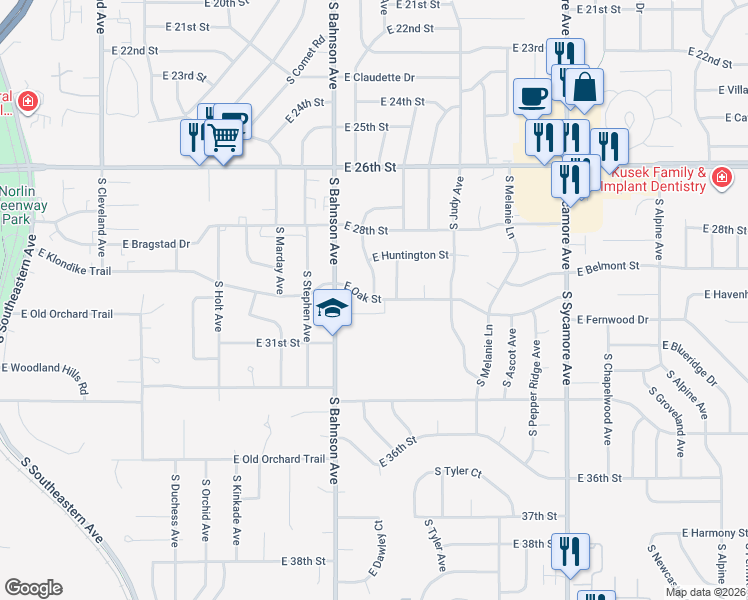 map of restaurants, bars, coffee shops, grocery stores, and more near 3799 E Oak St in Sioux Falls