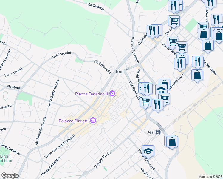 map of restaurants, bars, coffee shops, grocery stores, and more near 1 Via Marsala in Jesi
