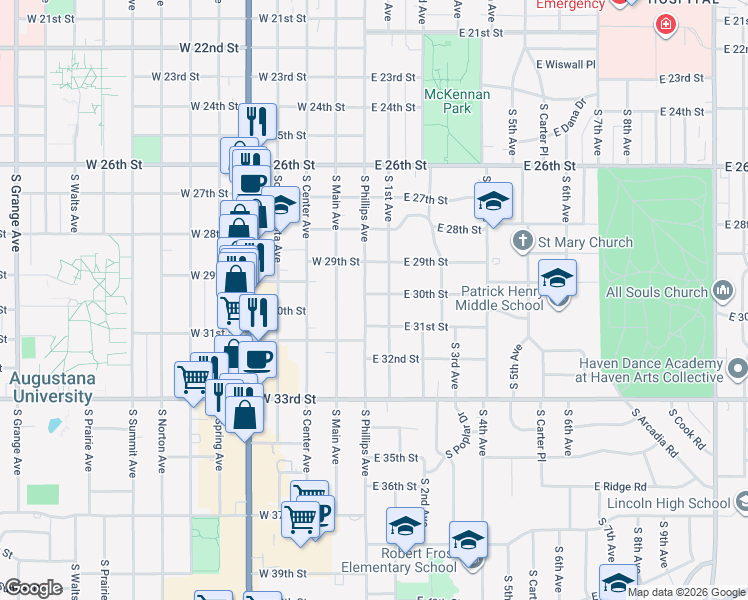 map of restaurants, bars, coffee shops, grocery stores, and more near 2120 South Phillips Avenue in Sioux Falls
