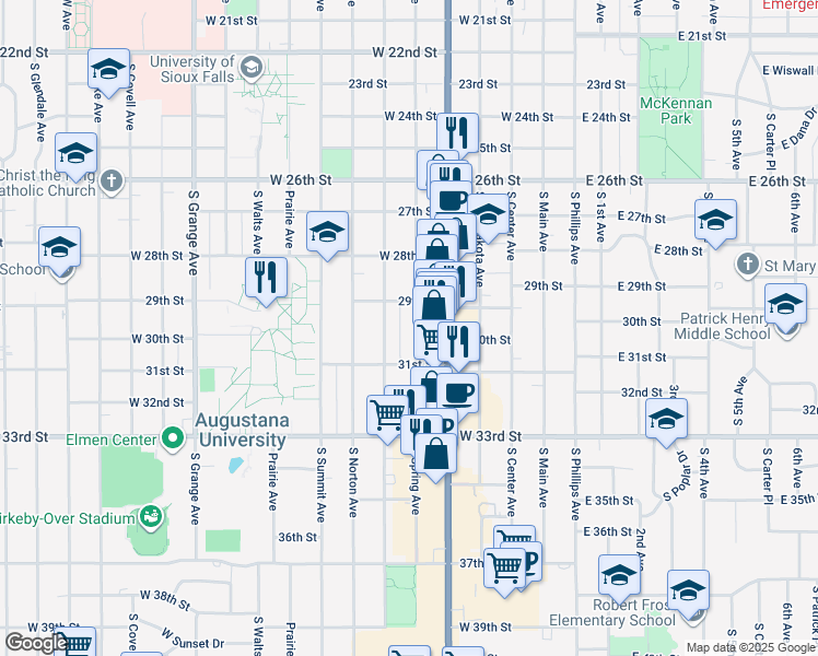 map of restaurants, bars, coffee shops, grocery stores, and more near 2106 South Duluth Avenue in Sioux Falls