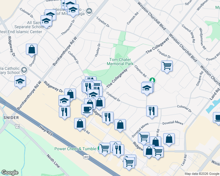 map of restaurants, bars, coffee shops, grocery stores, and more near 3292 The Collegeway in Mississauga