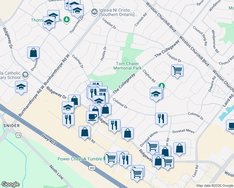 map of restaurants, bars, coffee shops, grocery stores, and more near 3292 The Collegeway in Mississauga