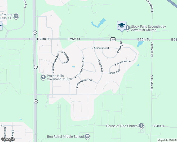 map of restaurants, bars, coffee shops, grocery stores, and more near South Silverpine Court in Sioux Falls