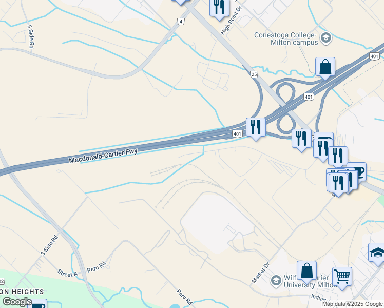 map of restaurants, bars, coffee shops, grocery stores, and more near 400 Chisholm Drive in Milton