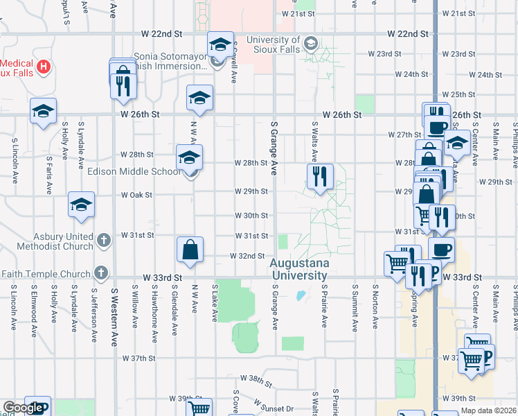 map of restaurants, bars, coffee shops, grocery stores, and more near 2111 South Euclid Avenue in Sioux Falls