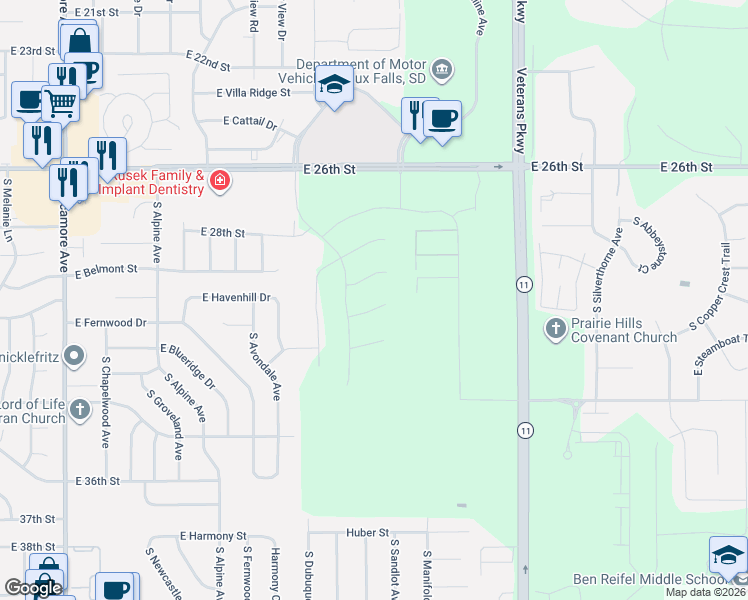 map of restaurants, bars, coffee shops, grocery stores, and more near 5030 East Havenhill Drive in Sioux Falls
