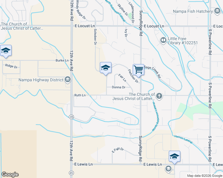 map of restaurants, bars, coffee shops, grocery stores, and more near 520 Donna Drive in Nampa