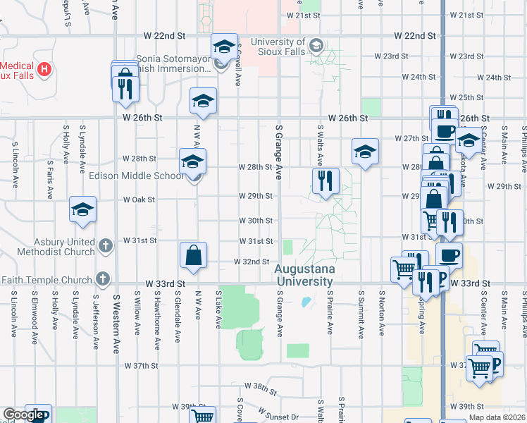 map of restaurants, bars, coffee shops, grocery stores, and more near 2111 South Euclid Avenue in Sioux Falls