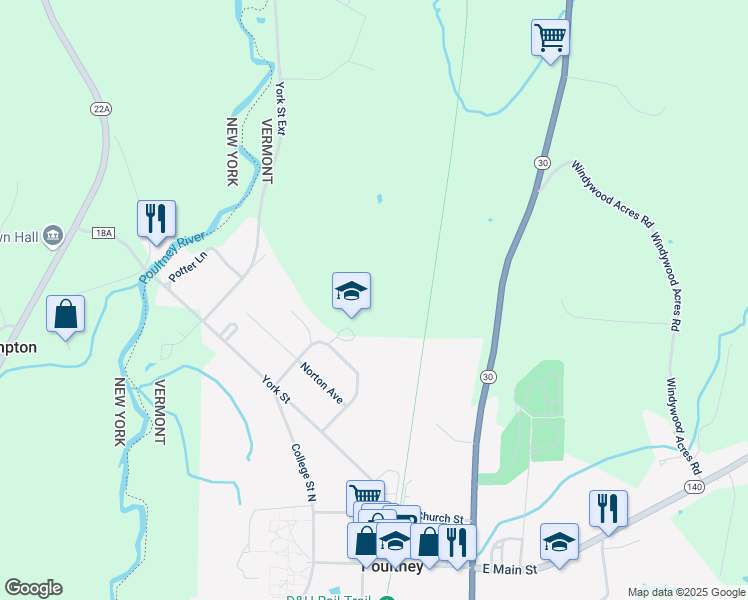 map of restaurants, bars, coffee shops, grocery stores, and more near 96 School Circle in Poultney