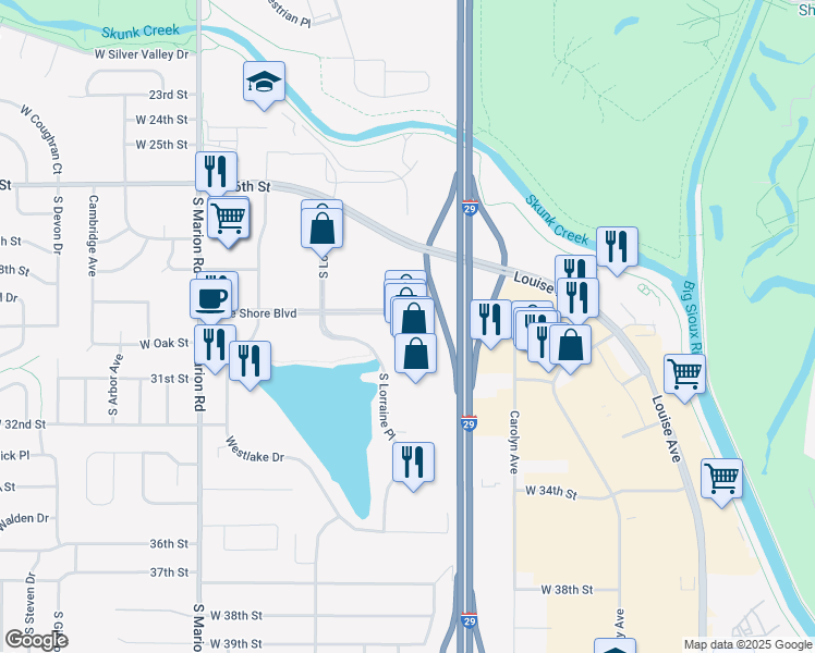 map of restaurants, bars, coffee shops, grocery stores, and more near 2400 South Lorraine Drive in Sioux Falls