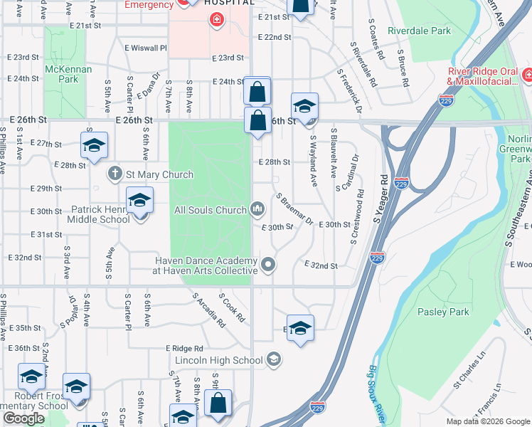 map of restaurants, bars, coffee shops, grocery stores, and more near 2221 South Sherman Avenue in Sioux Falls