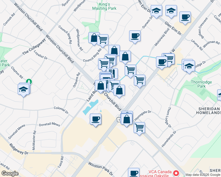 map of restaurants, bars, coffee shops, grocery stores, and more near 3105 Winston Churchill Boulevard in Mississauga