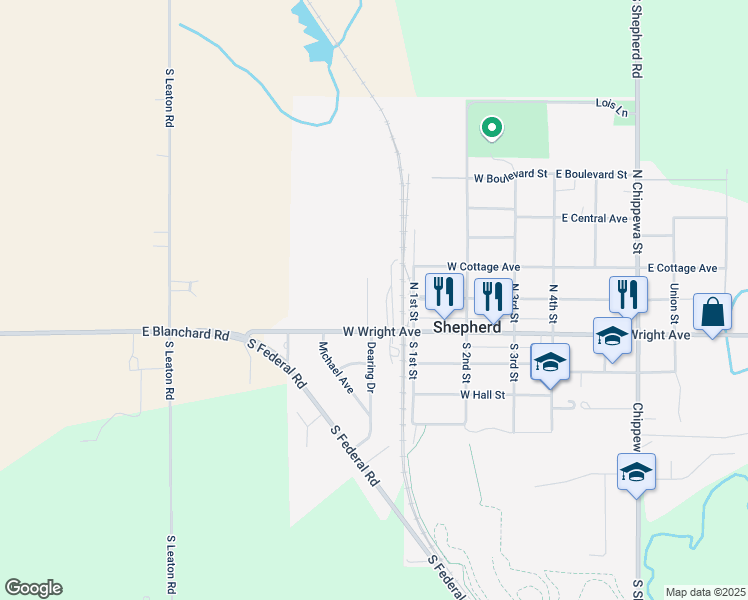 map of restaurants, bars, coffee shops, grocery stores, and more near 114 Tara Court in Shepherd