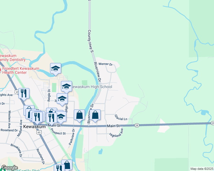 map of restaurants, bars, coffee shops, grocery stores, and more near 1569 Stark Street in Kewaskum