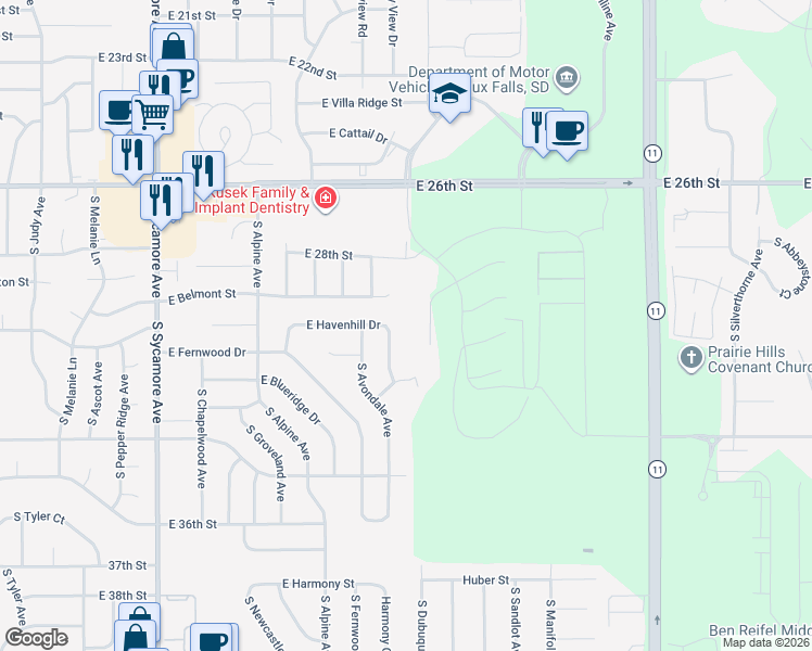 map of restaurants, bars, coffee shops, grocery stores, and more near 5030 East Havenhill Drive in Sioux Falls