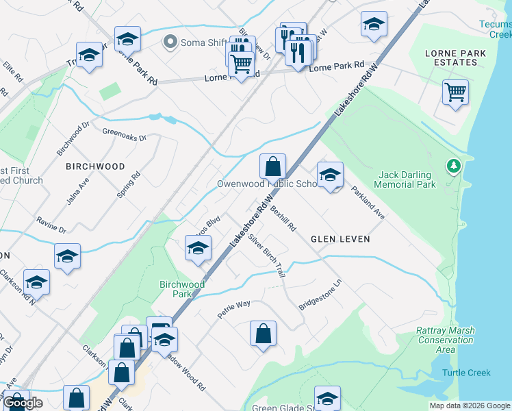 map of restaurants, bars, coffee shops, grocery stores, and more near 1385 Lakeshore Road West in Mississauga