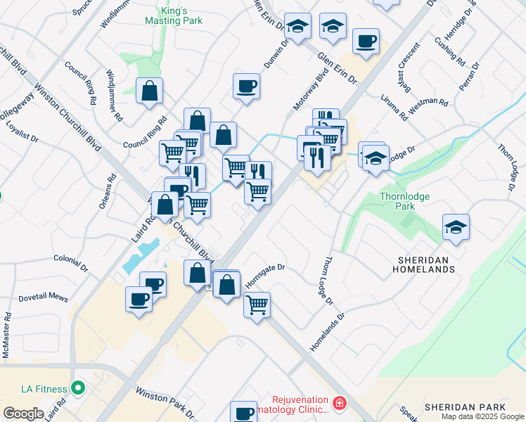 map of restaurants, bars, coffee shops, grocery stores, and more near 2625 Dundas Street West in Mississauga