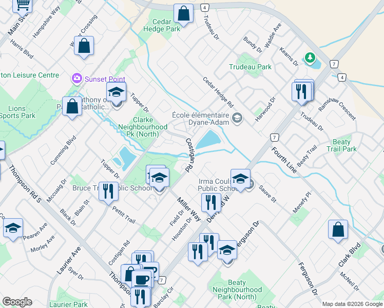 map of restaurants, bars, coffee shops, grocery stores, and more near 1379 Costigan Road in Milton