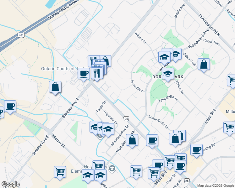 map of restaurants, bars, coffee shops, grocery stores, and more near 449 Ontario Street North in Milton