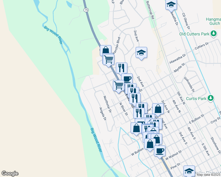 map of restaurants, bars, coffee shops, grocery stores, and more near 731 North River Street in Hailey