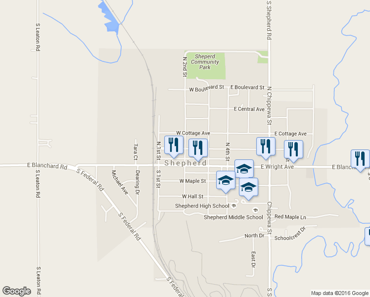 map of restaurants, bars, coffee shops, grocery stores, and more near 202 North 2nd Street in Shepherd