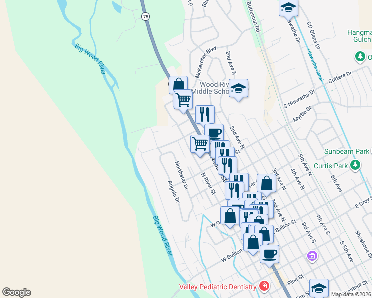 map of restaurants, bars, coffee shops, grocery stores, and more near 731 North River Street in Hailey