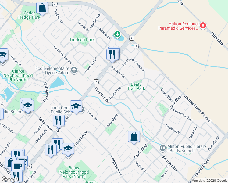 map of restaurants, bars, coffee shops, grocery stores, and more near 1523 Beaty Trail in Milton