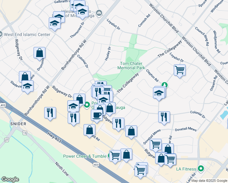 map of restaurants, bars, coffee shops, grocery stores, and more near 3541 Colonial Drive in Mississauga