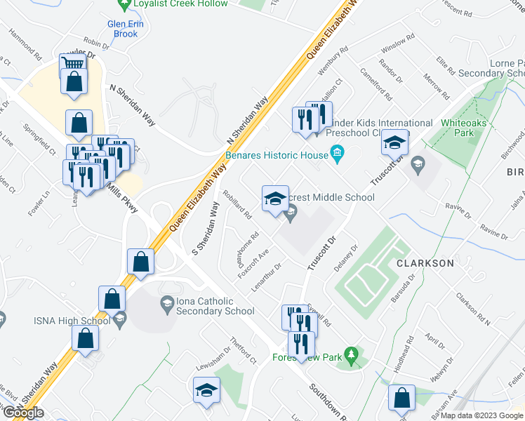 map of restaurants, bars, coffee shops, grocery stores, and more near 1568 Springwell Avenue in Mississauga