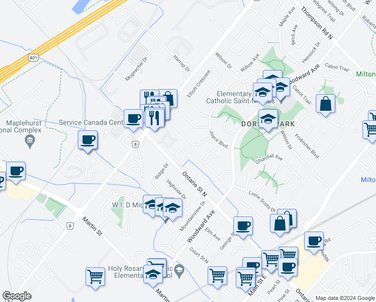 map of restaurants, bars, coffee shops, grocery stores, and more near 449 Ontario Street North in Milton