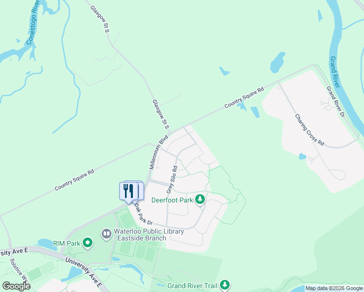 map of restaurants, bars, coffee shops, grocery stores, and more near 511 Gristmill Street in Waterloo