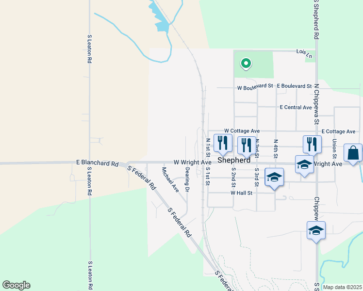 map of restaurants, bars, coffee shops, grocery stores, and more near 114 Tara Court in Shepherd