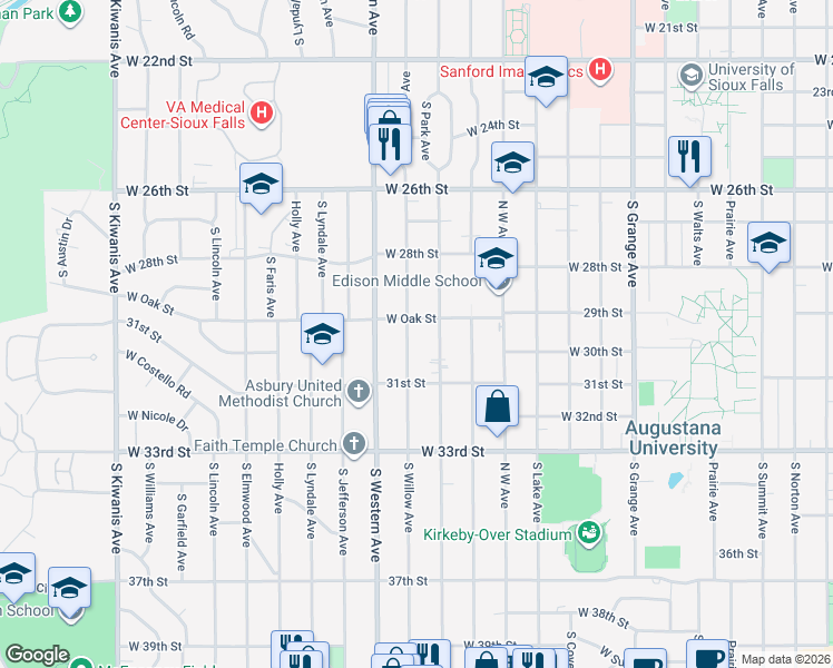 map of restaurants, bars, coffee shops, grocery stores, and more near 2208 South Willow Avenue in Sioux Falls