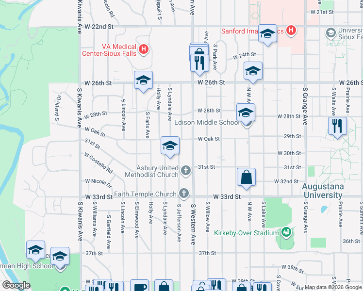 map of restaurants, bars, coffee shops, grocery stores, and more near 2203 South Western Avenue in Sioux Falls