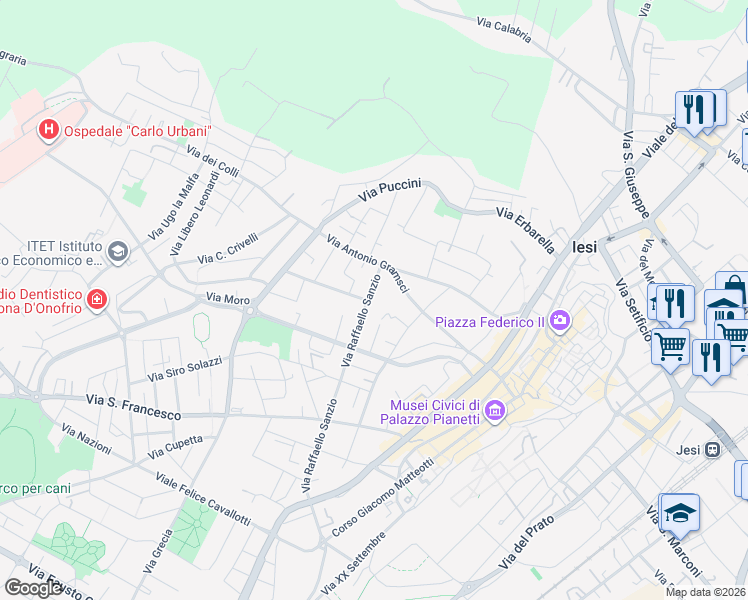 map of restaurants, bars, coffee shops, grocery stores, and more near 73 Via Raffaello Sanzio in Jesi