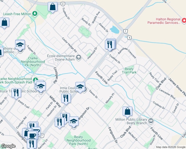 map of restaurants, bars, coffee shops, grocery stores, and more near 9980 Derry Road in Milton