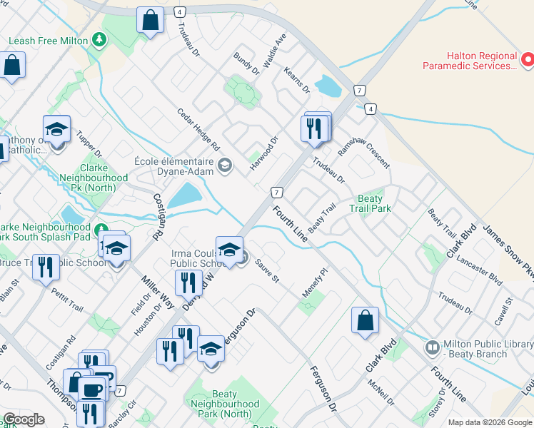 map of restaurants, bars, coffee shops, grocery stores, and more near 8020 Derry Road West in Milton